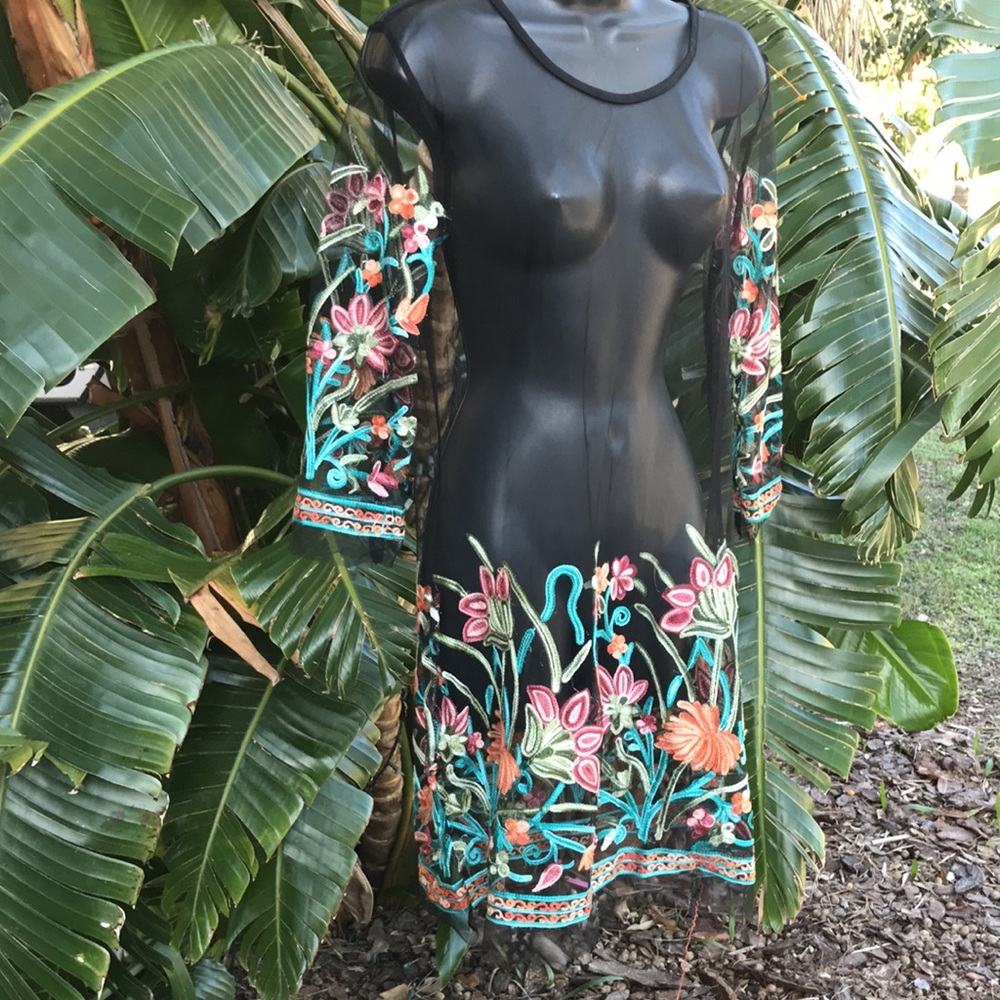 Floral embroidered sheer tunic dress or coverup